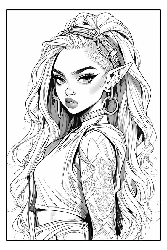 Illustration of a young woman with long, wavy hair, adorned with fantasy-style ear and head accessories, showcasing intricate tattoo on her arm.