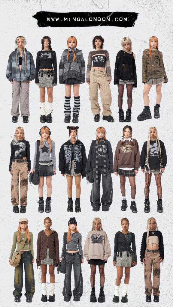 A collection of individuals in various grunge-style outfits, showcasing diverse options including sweaters, skirts, cargo pants, and boots. Among the ensemble are detailed fashion design sketches that add depth to the presentation. The banner at the top reads "www.mingalondon.com".