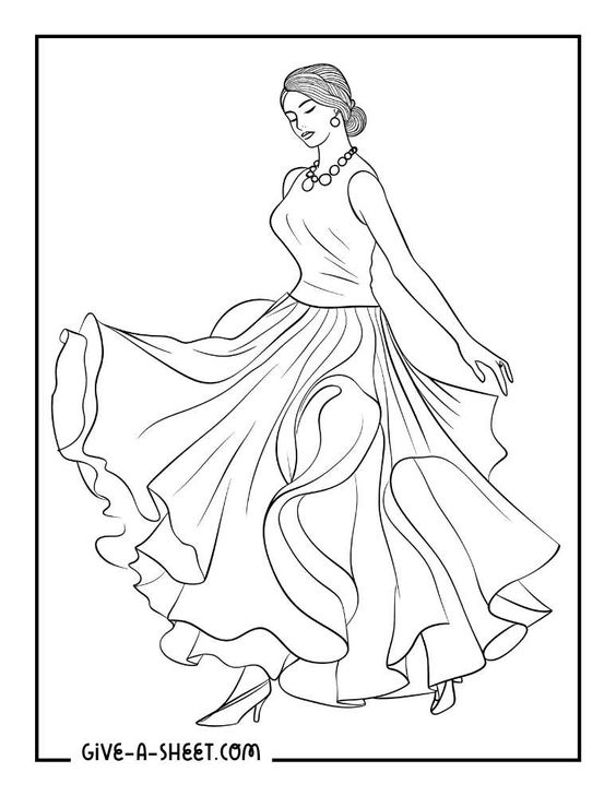 A line drawing of a woman in a flowing dress and necklace, posed elegantly with one hand adjusting her skirt.