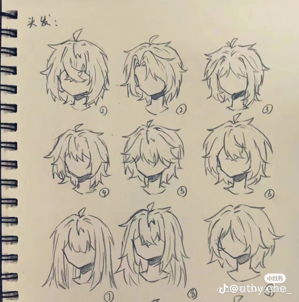 Sketchbook page showing nine different anime-style male hair drawings, numbered 1 through 9, each displaying unique hairstyles and expressions.