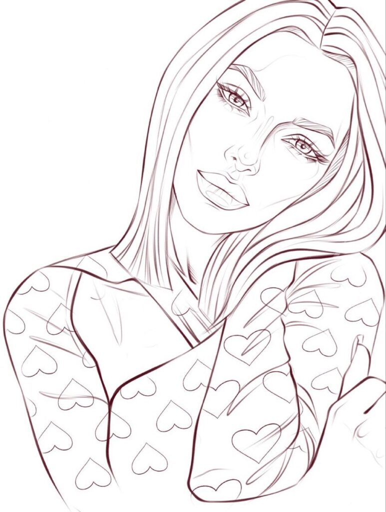 Line drawing of a woman with long hair, wearing a top with heart patterns, looking slightly to her left.