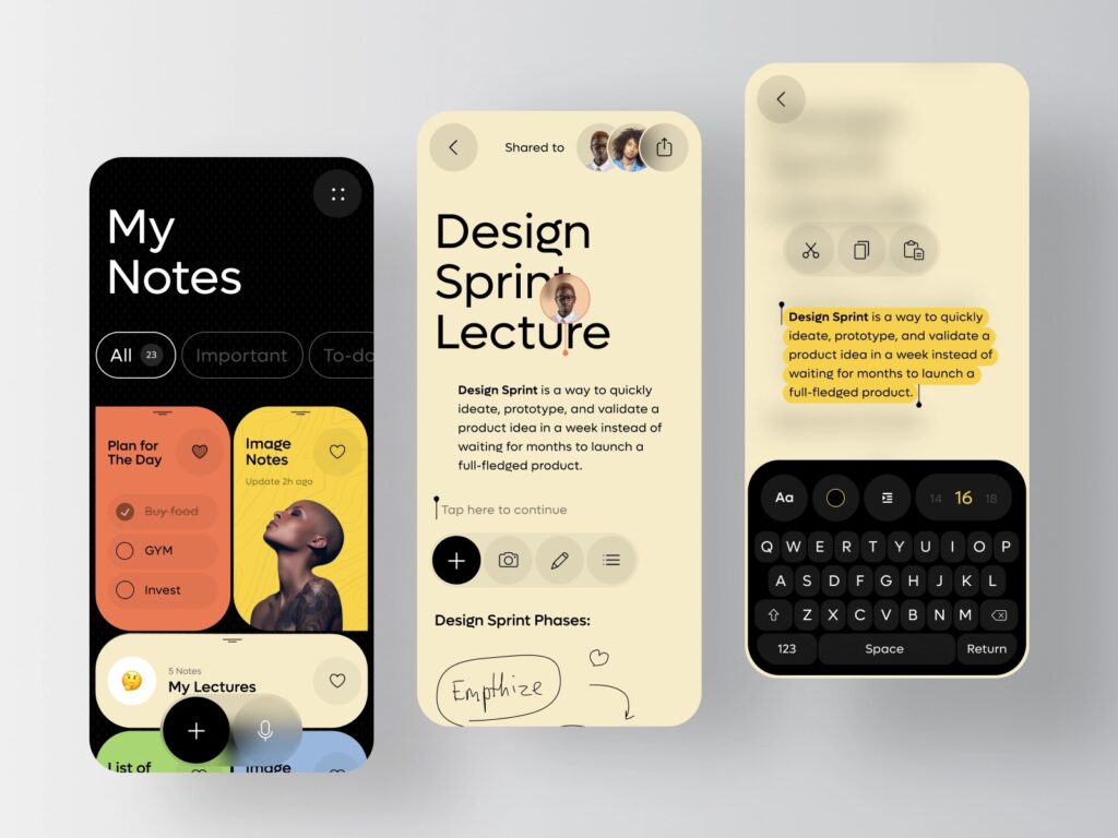 Three smartphone screens display a note-taking app with features including categories, lecture notes on "Design Sprint," and text input with a virtual keyboard.