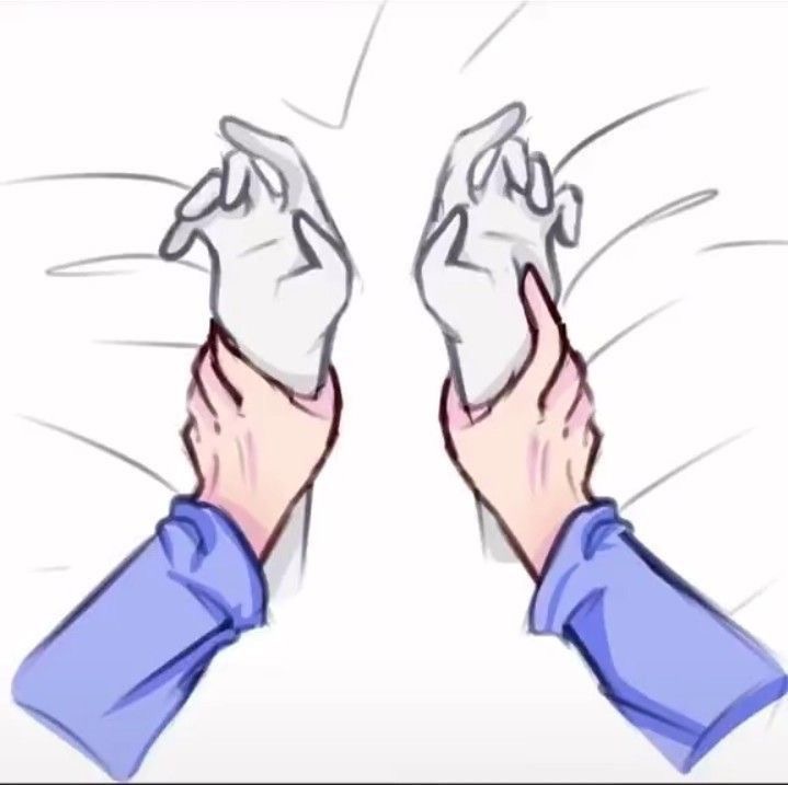 Illustration of two hands holding one another, with visible blue sleeves on the wrists.