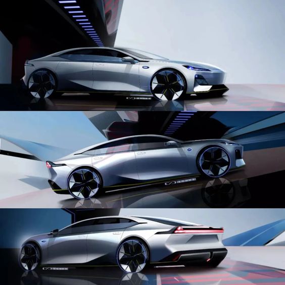 A sleek, futuristic silver car is shown in three angles: front-side, side, and rear-side. The car features a low profile, sharp lines, and distinctive, angular lights.