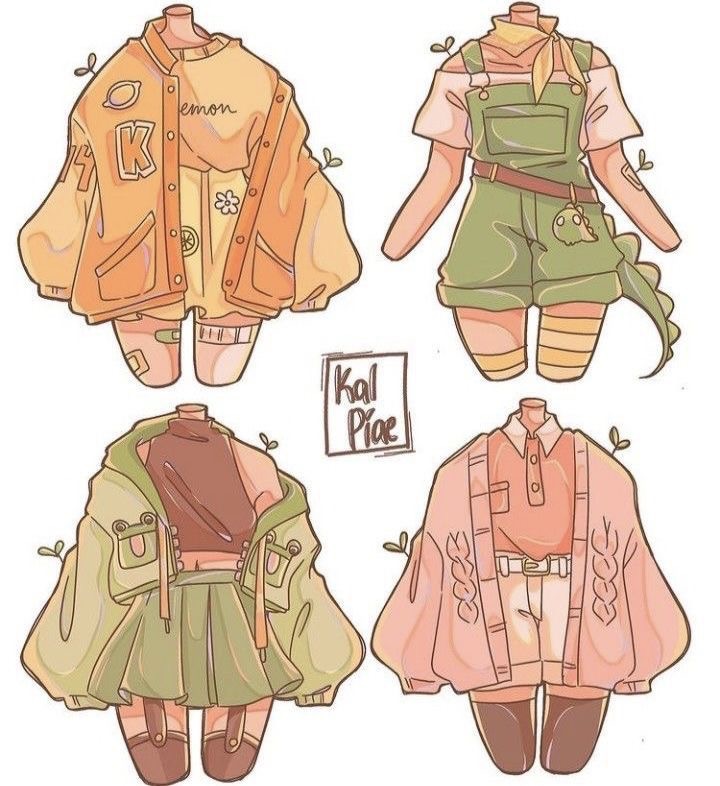 Illustration of four headless fashion outfits: a varsity jacket with skirt, green overalls with a T-shirt, a zipped jacket with pleated skirt, and a pink cardigan with shorts. Artwork by Kal Piper.