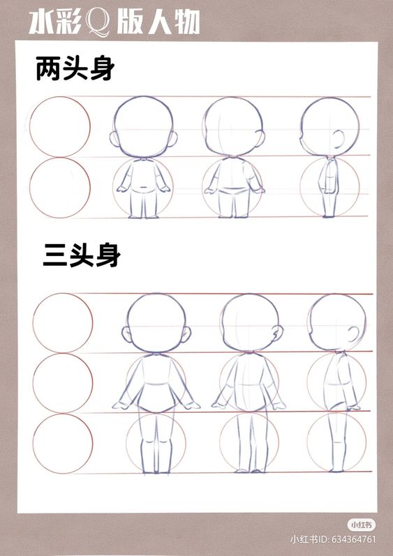 Tutorial image showing step-by-step drawing guidelines for creating cartoon characters, including head and body proportions for both male and female figures.