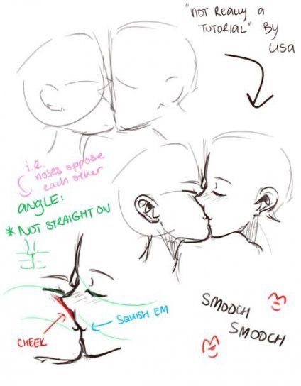 A hand-drawn guide demonstrates how to draw two people kissing, with notes on angles, nose positioning, and cheek squishing.