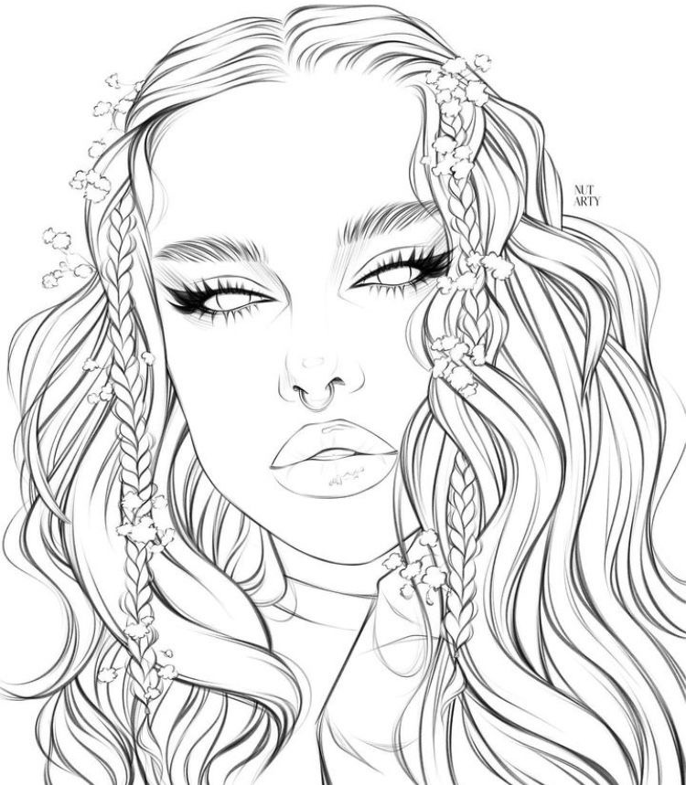 Black and white illustration of a woman with long, flowing hair and flowers woven into her braids, eyes closed and a serene expression.