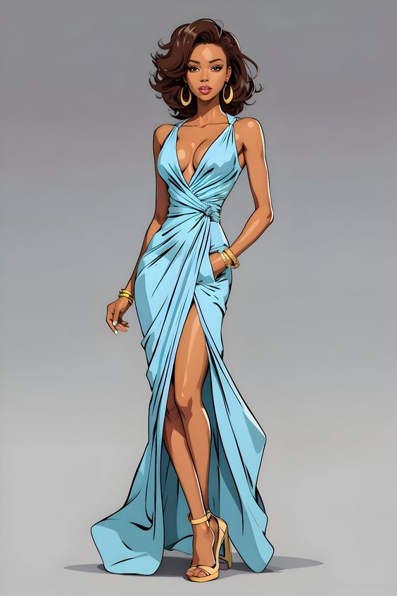 A woman stands confidently in a light blue dress with a high slit, reminiscent of elegant fashion design sketches. She is wearing gold hoop earrings, bracelets, and high-heeled sandals.