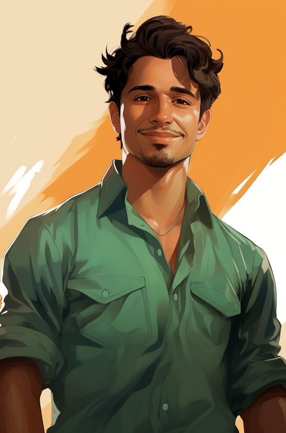 Illustration of a smiling young man with tousled hair, wearing a green shirt, set against an orange backdrop.