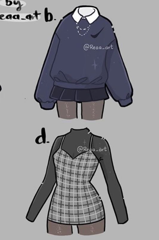 Two outfits: The top ensemble includes a navy blue sweater, white collar shirt, short black skirt, and black stockings. The bottom set is a sleeveless checkered dress layered over a long-sleeve black top.