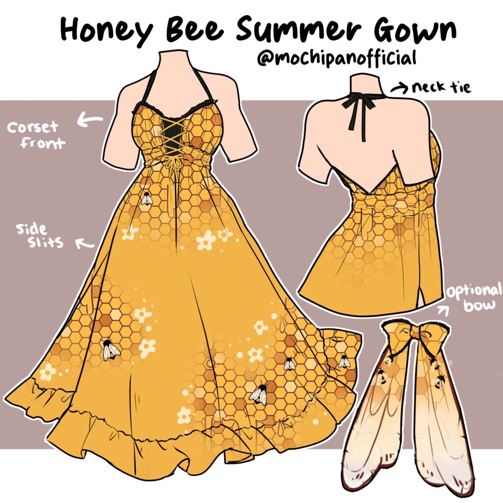 Illustration of a "Honey Bee Summer Gown" featuring a yellow dress with a corset front, neck tie, side slits, bee and honeycomb pattern, and an optional wing-shaped bow. Fashion design sketches highlight intricate details of this whimsical ensemble.