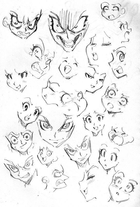 Sketches of various cartoon character faces showing a range of expressions from angry to smug to surprised.