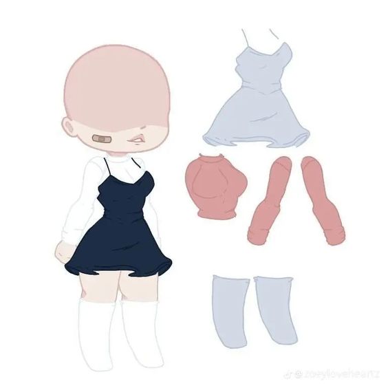 Doll dress-up game illustration featuring a bald character in a blue dress, with additional wardrobe items including a sleeveless top, pink socks, and gray leggings.