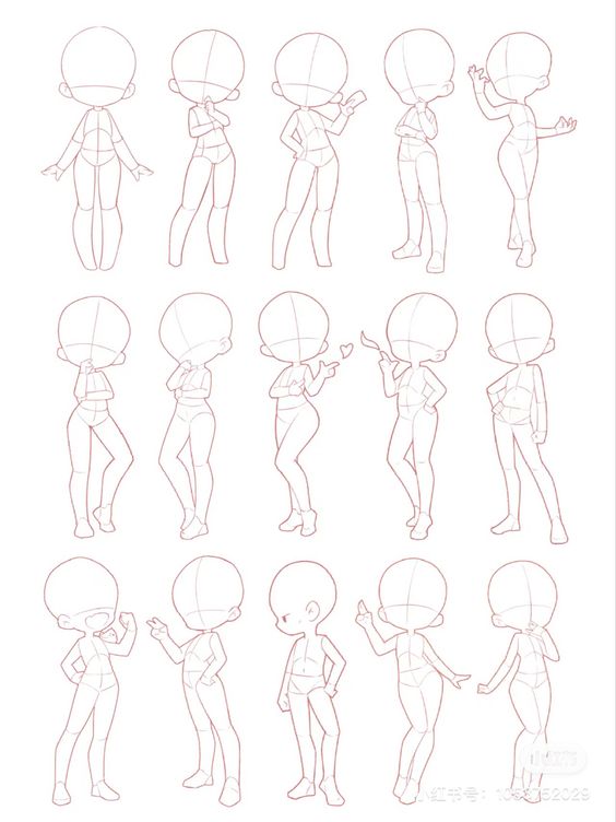 A series of twelve line drawings showing different poses of a stylized character with an oversized round head and slim body.