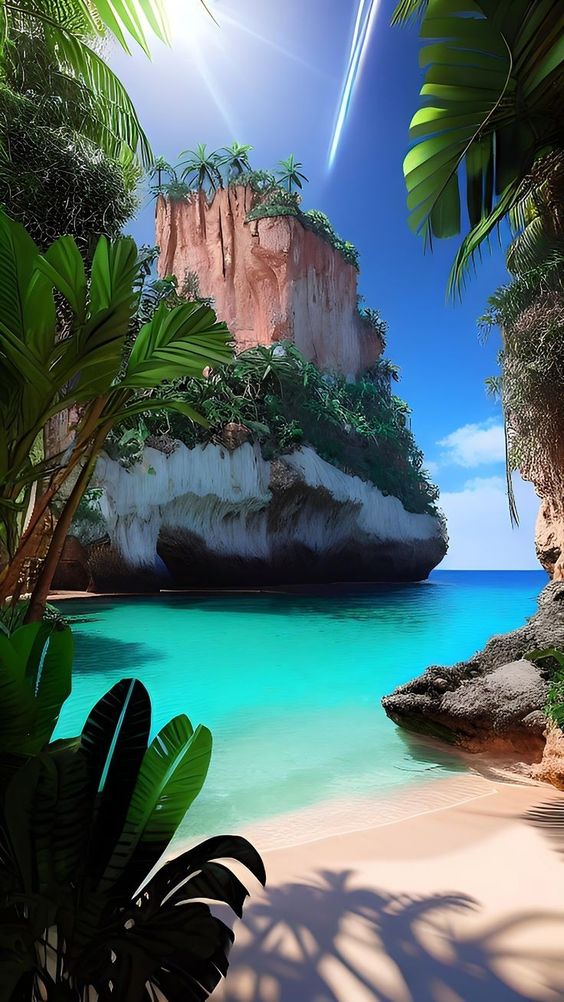 A secluded beach with turquoise water, lush tropical plants, and a large rocky outcrop under a sunny blue sky.