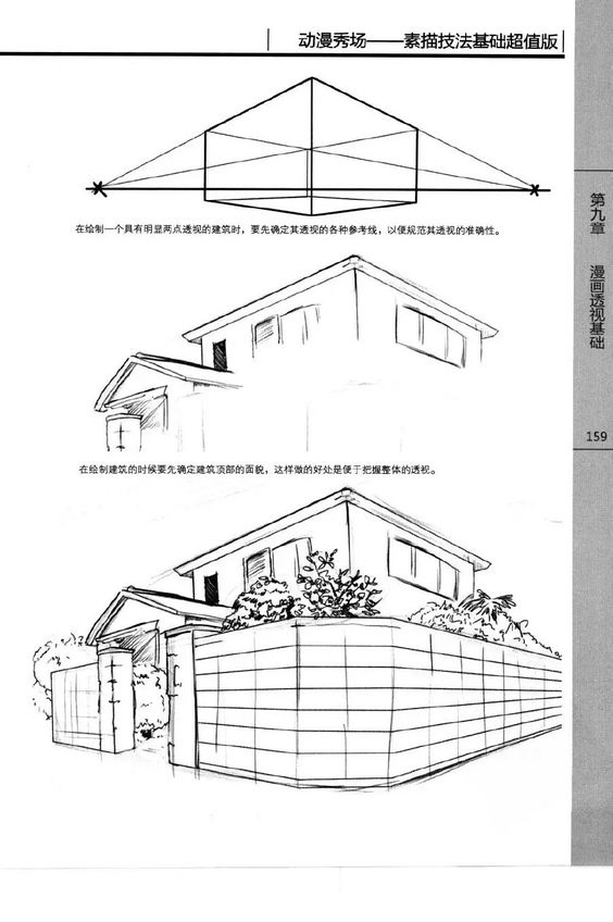 Black-and-white instructional drawing showing a house from different angles, with guiding lines and annotations for drawing perspective in manga. Text is in Chinese characters.