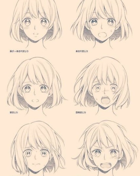 Eight pencil sketches of a female anime character displaying various expressions, including smiling, surprised, sad, and frightened.