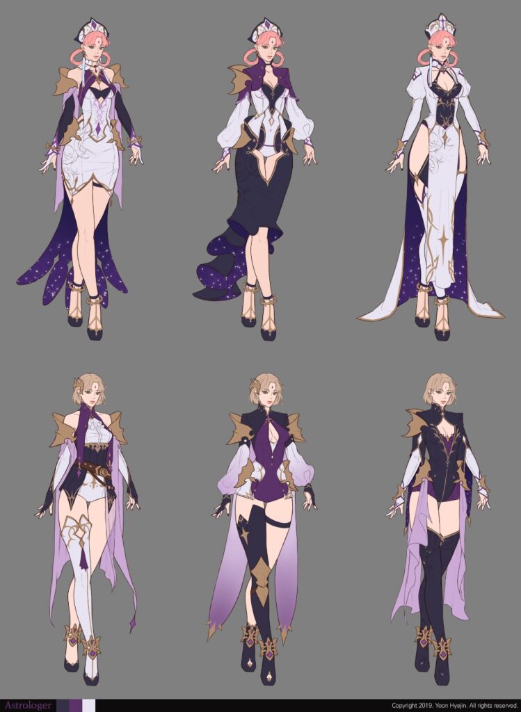 Concept art showcasing six fashion design sketches of characters in ornate, mystical outfits with capes and elaborate accessories. The top row features characters with pink hair in white-themed costumes, while the bottom row presents characters with blonde hair in darker attire.