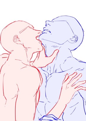 Line art drawing of two muscular individuals, one in red and the other in blue, seemingly in a passionate pose. The red figure is touching the blue figure's face and back while leaning in close.