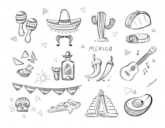 A collection of hand-drawn icons representing mexican culture, including a sombrero, maracas, cactus, taco, burrito, tequila, peppers, guitar, pyramid, and other symbols.