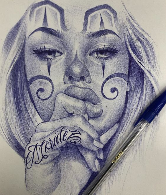 Pencil sketch of a woman's face with tears and ornate swirls on her cheeks, her finger on her lips, and the word "morale" tattooed on her fingers.