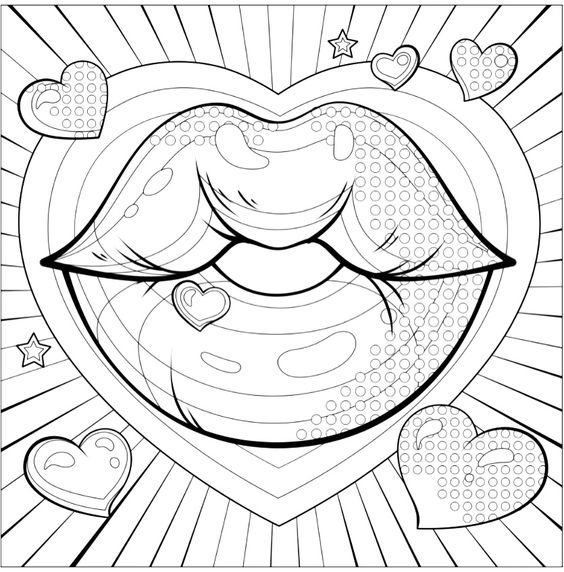 Black and white coloring page featuring a stylized drawing of lips within a heart, surrounded by smaller hearts and stars.