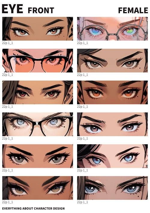 Collage of various styles of female character eyes, featuring different expressions and details like glasses, in an art tutorial format.