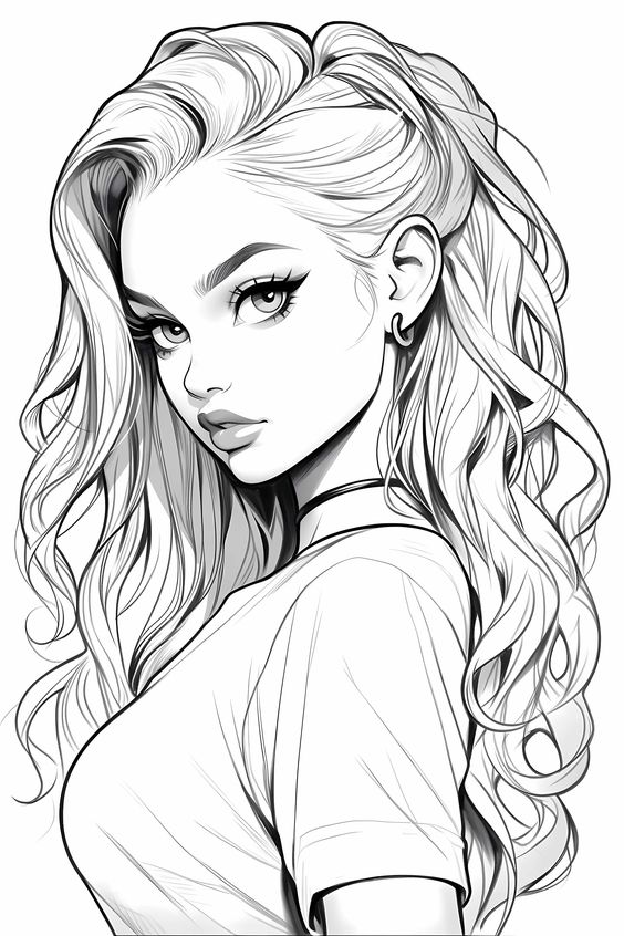 Black and white drawing of a woman with long, wavy hair, wearing a t-shirt, looking over her shoulder.