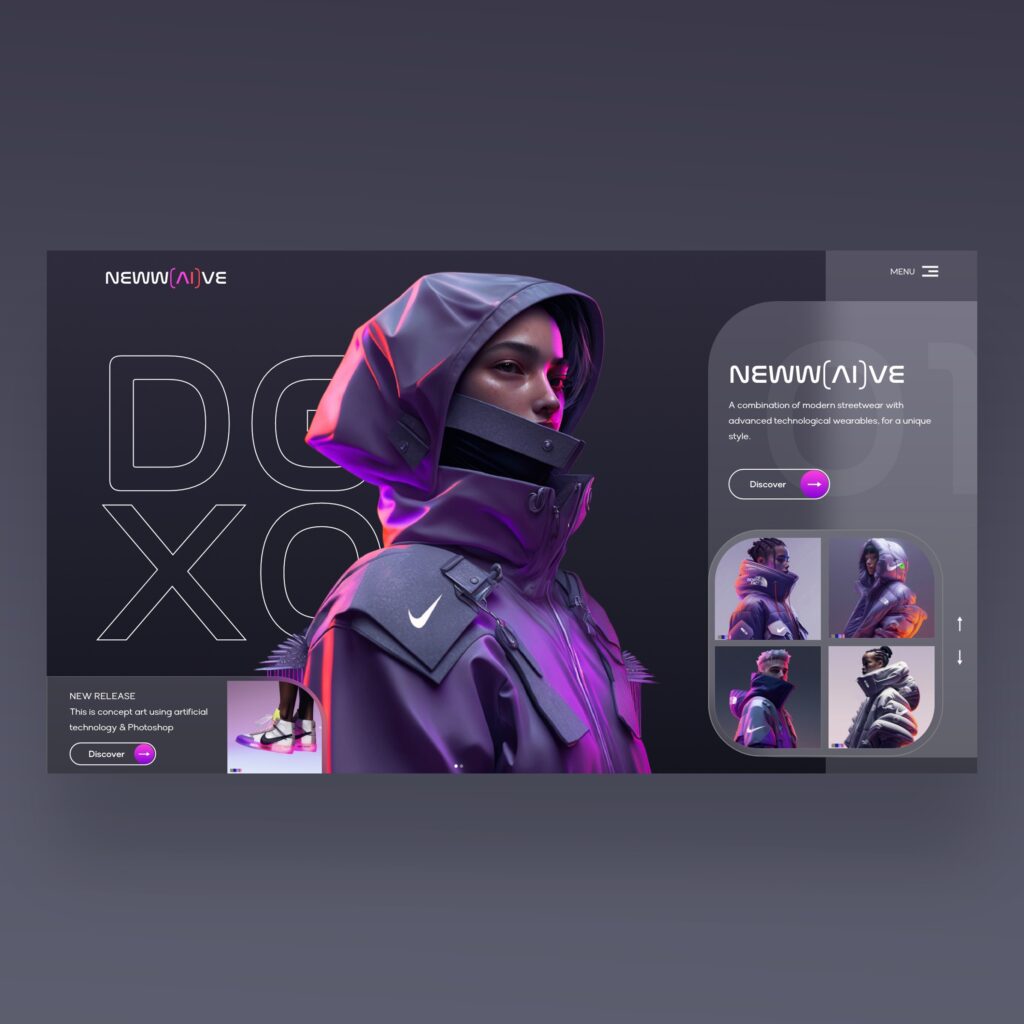 A futuristic website interface showcasing a person in a high-tech, hooded outfit. The design features purple tones and includes a navigation menu, several images, and discovery buttons.