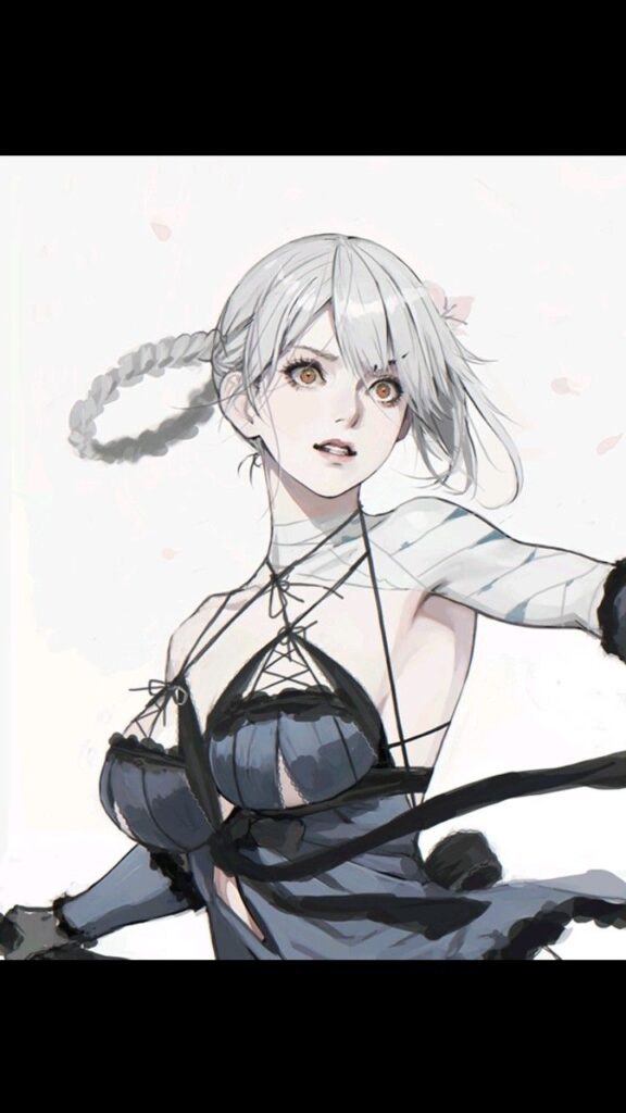 Illustration of an anime character with white hair and light brown eyes. The character is wearing a black outfit with intricate straps and has a serious expression. The background is plain white.