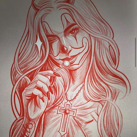 Illustration of a woman with long hair, wearing a clown makeup and a cross necklace, holding a monocle to one eye.