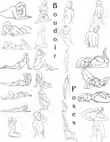 Line drawings of various boudoir poses of women, shown from multiple angles. "Boudoir Poses" is written in the center in vertical text.