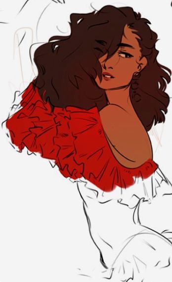 Illustration of a woman with curly hair wearing a red off-the-shoulder top, depicted in a style emphasizing bold colors and fluid lines.