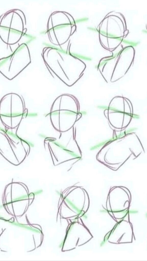 A series of sketches depicting various head and torso poses, drawn with simple lines and minimal detail, with a green overlay accentuating the outline of each figure.
