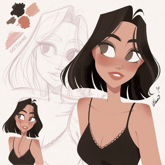 Illustration showing the artistic process, including a sketch and a finished drawing of a woman with dark hair and a black top, alongside color samples.