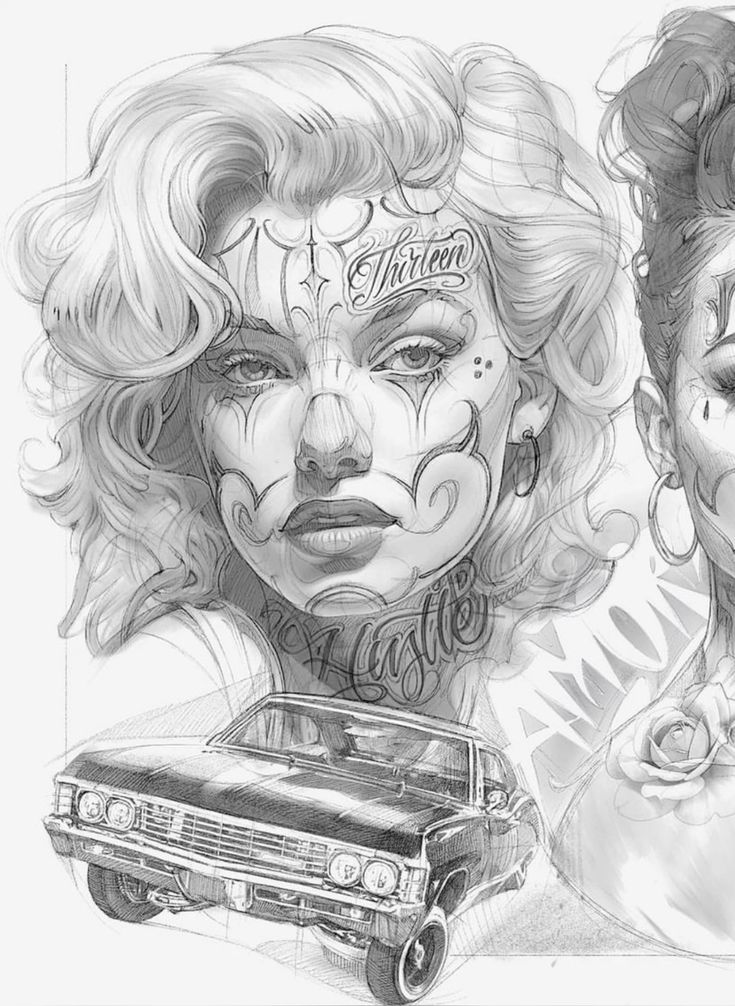 Pencil sketch of a woman with detailed facial tattoos and voluminous hair, above an illustrated classic car, with a stylized, artistic background.
