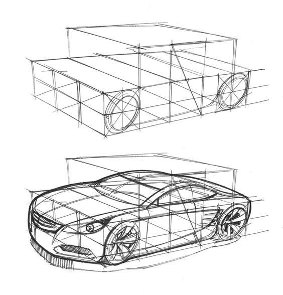 Top: Cube grid sketch with circles indicating wheels. Bottom: Car sketch in perspective with grid lines and detailed features like headlights, wheels, and aerodynamic body.