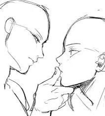 Sketch drawing of two bald human figures facing each other closely; one is placing their finger on the other’s lips in a shushing gesture.