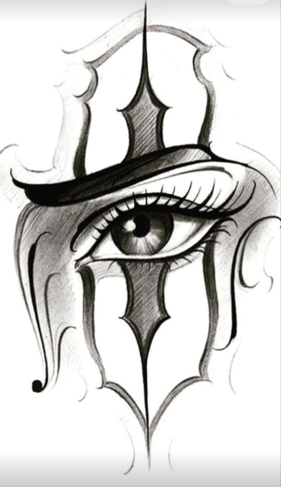 Abstract black and white drawing of an eye with stylized, flowing shapes and a pointed design above it.