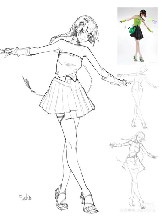 A detailed pencil sketch of a female character in a pose with arms outstretched. There is a small reference image in the top right corner showing a similarly posed person in a green outfit.