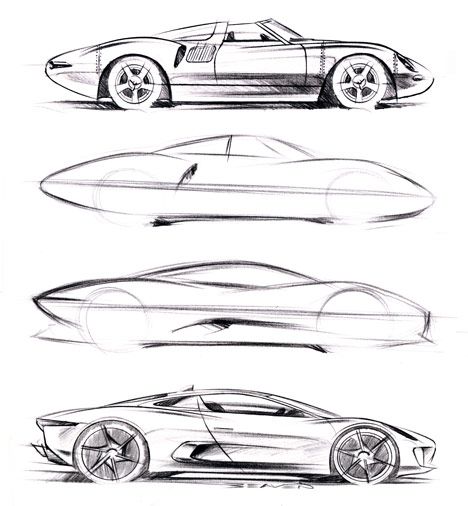 A series of four pencil sketches showing the evolution of a sports car design, progressing from a classic convertible to a sleek, modern coupe.