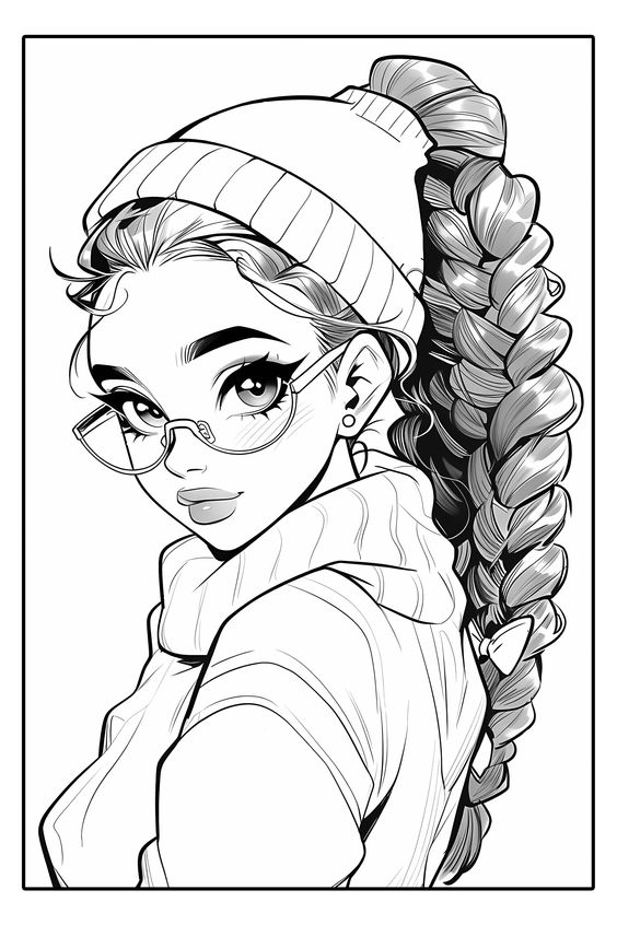 Black and white illustration of a young woman with glasses, wearing a beanie and a turtleneck, styled with a long braided ponytail.