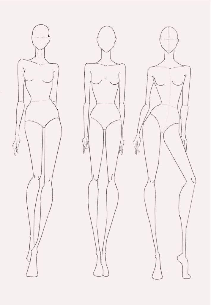 Three sketched female figures without detailed facial features or clothing, each in different poses, displaying various body postures—perfect as fashion design sketches.
