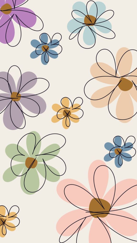 Illustration of abstract flowers in various colors including purple, blue, green, yellow, and pink, with black outlines on a light beige background.