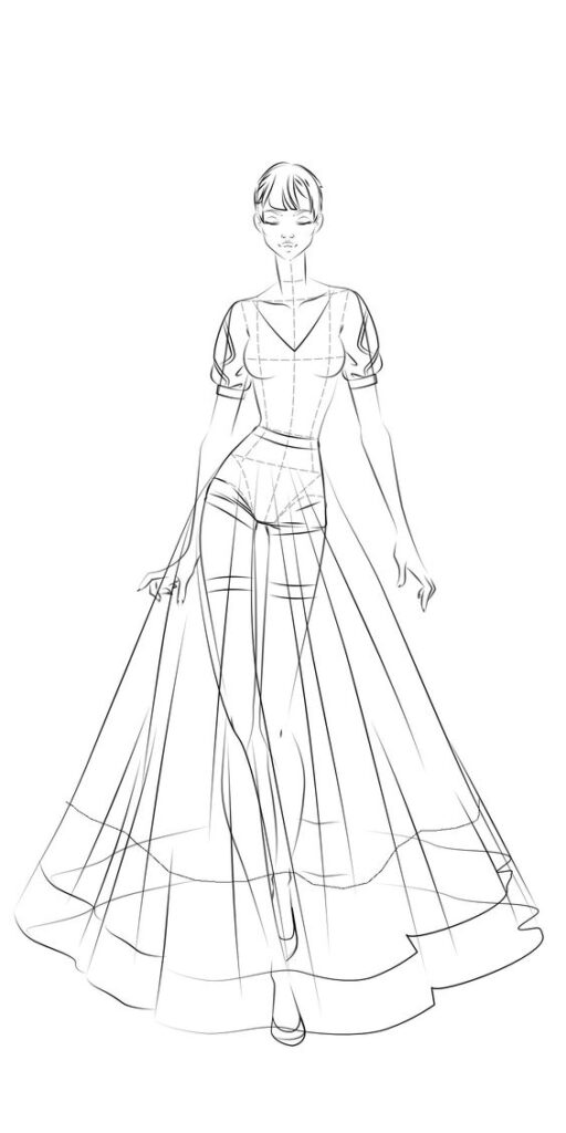 A black-and-white fashion design sketch of a person in a flowy, floor-length dress with short puff sleeves and a fitted bodice, walking forward.