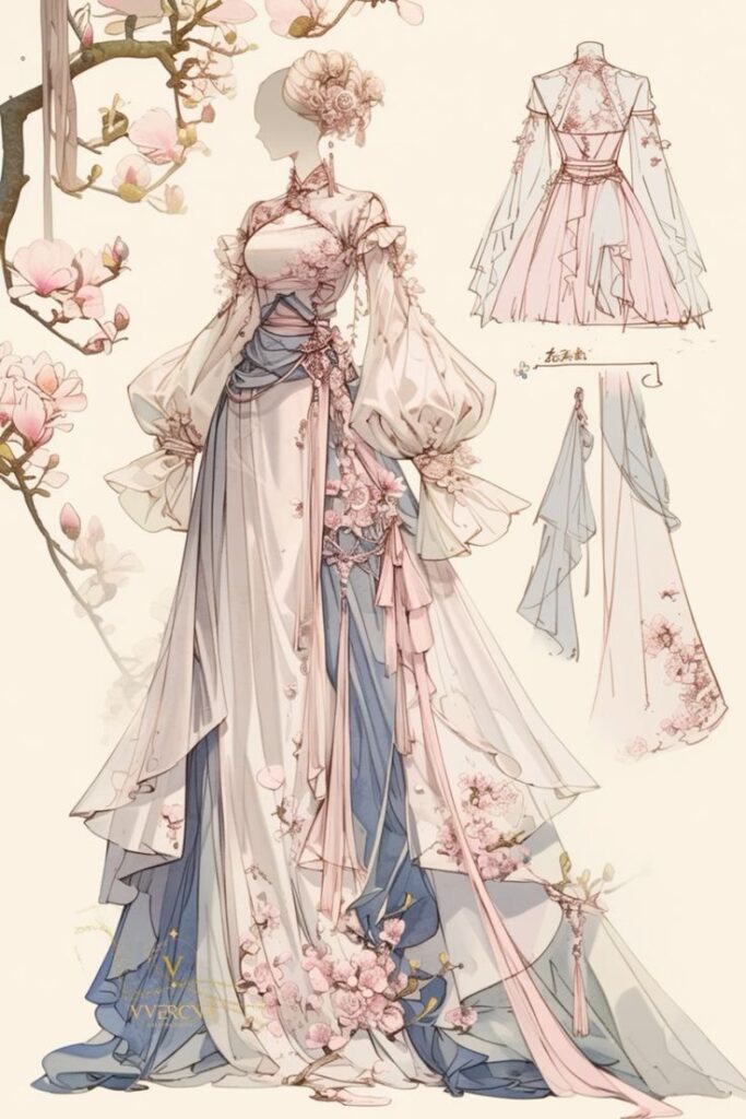 Illustration of an ornate, floral-themed gown with a fitted bodice, long flowing sleeves, a layered skirt, and pastel colors. The fashion design sketches include detailed views of the front, back, and additional fabric elements.