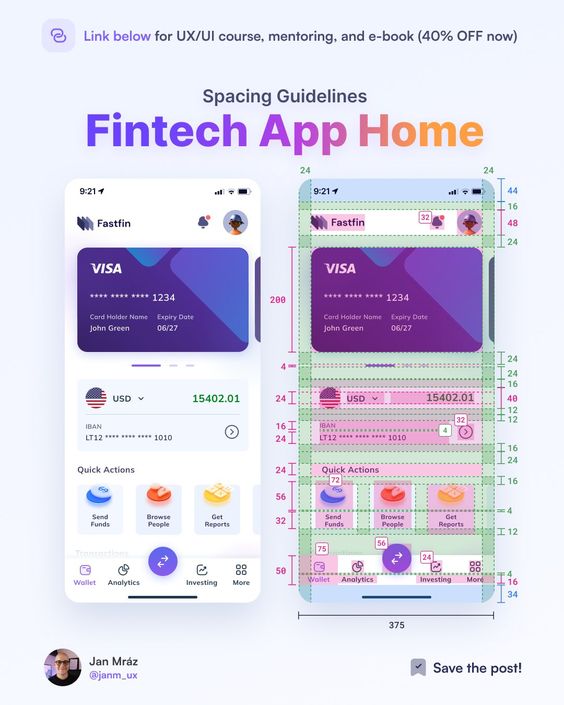 Image showing the spacing guidelines for a Fintech app home screen, highlighting measurements between UI elements. The example displays credit card details and quick action icons within two phone screens.