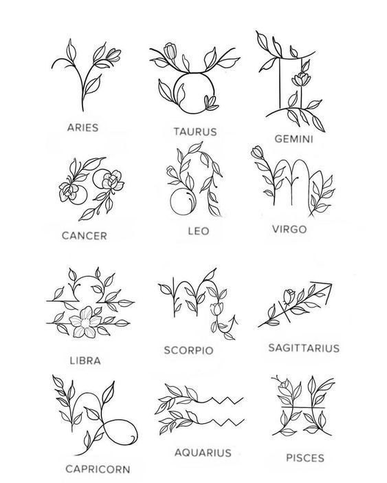 Linear zodiac sign illustrations with plant motifs, featuring Aries, Taurus, Gemini, Cancer, Leo, Virgo, Libra, Scorpio, Sagittarius, Capricorn, Aquarius, and Pisces.