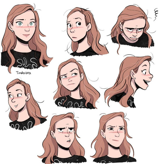 Illustration of a woman with nine different facial expressions and hairstyles, wearing a black top with a "tinderbox" logo.